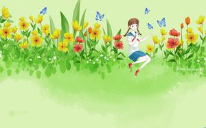 PPT arka plan resmi yaz çiçek kelebek ile oynayan kız