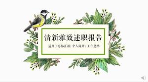 Birds, branches and leaves, green literary style, fresh and elegant debriefing report ppt template