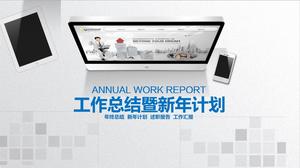 Computador e tablet escritório desktop elegante fundo cinza negócio azul resumo de trabalho e modelo de plano ppt