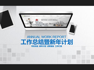 Computadora y tableta, escritorio de oficina, elegante fondo gris, resumen de trabajo azul empresarial y plantilla ppt de plan
