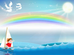 Sunny curcubeu valuri dinamice ale oceanului fetiță drăguță care vâslește barca cu vele șablon ppt de desen animat drăguț