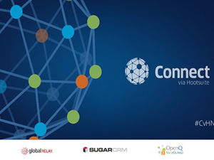 "Komunikasi dengan hootsuite" titik dan garis menghubungkan template ppt teknologi jaringan bumi biru