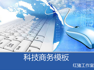 Modelo de ppt de tecnologia azul clássico de mapa mundial de teclado de mouse