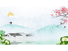 Imagem de fundo PPT do tema da primavera de tinta fresca do estilo chinês