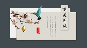 Kwiaty w karty i ptaki piękny szablon PPT w stylu chińskim