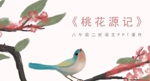Bunga cat air yang sederhana dan elegan dan latar belakang burung sekolah menengah Peach Blossom Spring Template PPT kursus pengajaran Cina