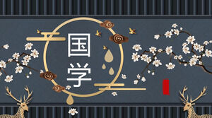 Chinese learning theme PPT template with golden deer and plum blossom background