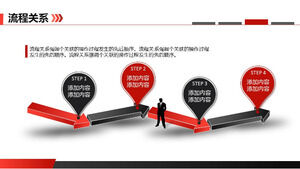 Template diagram alur PPT panah empat langkah tiga dimensi merah dan hitam