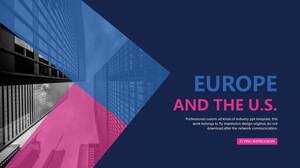 Modelo de PPT de fã europeu e americano de bloco de cor grande azul e rosa