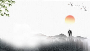 古典的なインクとウォッシュの山と塔の竹PPTの背景画像