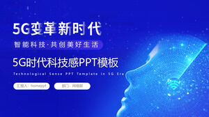Plantilla PPT de tema de la era 5G con fondo de expresión de personaje virtual azul