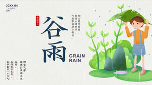Çizgi film yağmurlu bir gün çocuğunun arka planında Gu Yu güneş teriminin tanıtımı için PPT şablonu