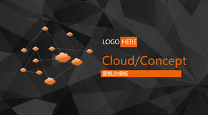 Plantilla PPT de tema de computación en la nube con polígonos negros y fondo de icono de nube naranja