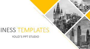 欧美风格的PPT模板，用于黄色和灰色的图片布局设计