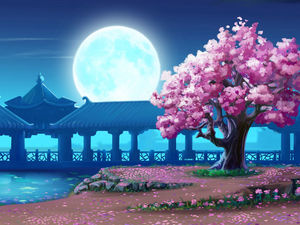 ラウンド月と満開の桜PPTの背景画像