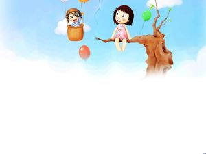 어린 소녀 만화 PPT 배경 사진의 나뭇 가지에 앉아